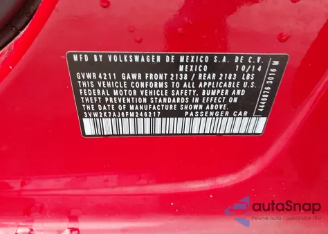 2015 Volkswagen Jetta 2.0L S из США, поврежденный, VIN 3VW2K7AJ6FM246217